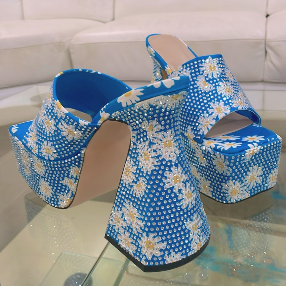Custom made 6” block flare heels TURQUOISE rhinestone studded club mules NIB 8